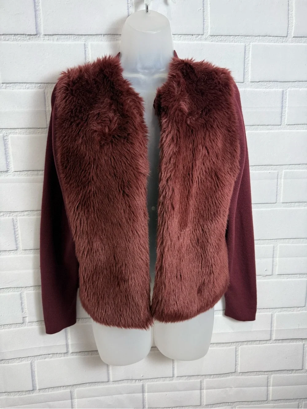 Banana Republic Burgundy Faux Fur Cardigan Jacket Size S Cozy Chic